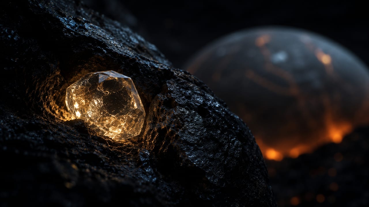 An ancient zircon crystal glowing in dark primordial rock, holding billions of years of time.