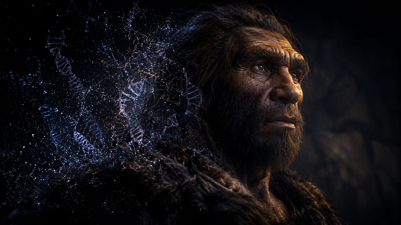 An ancient human ancestor emerging from shadow as fragments of DNA dissolve into the dark.
