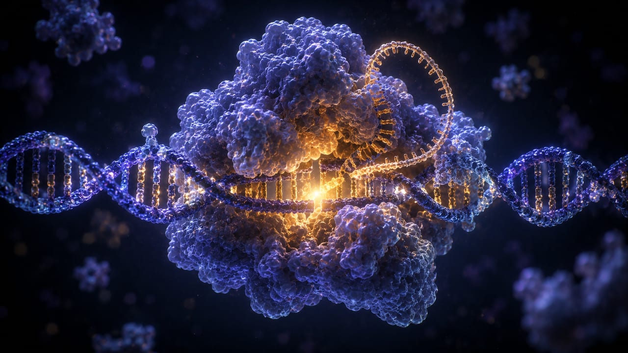 The Cas9 protein clasped around a DNA double helix at the instant of a precise cut.