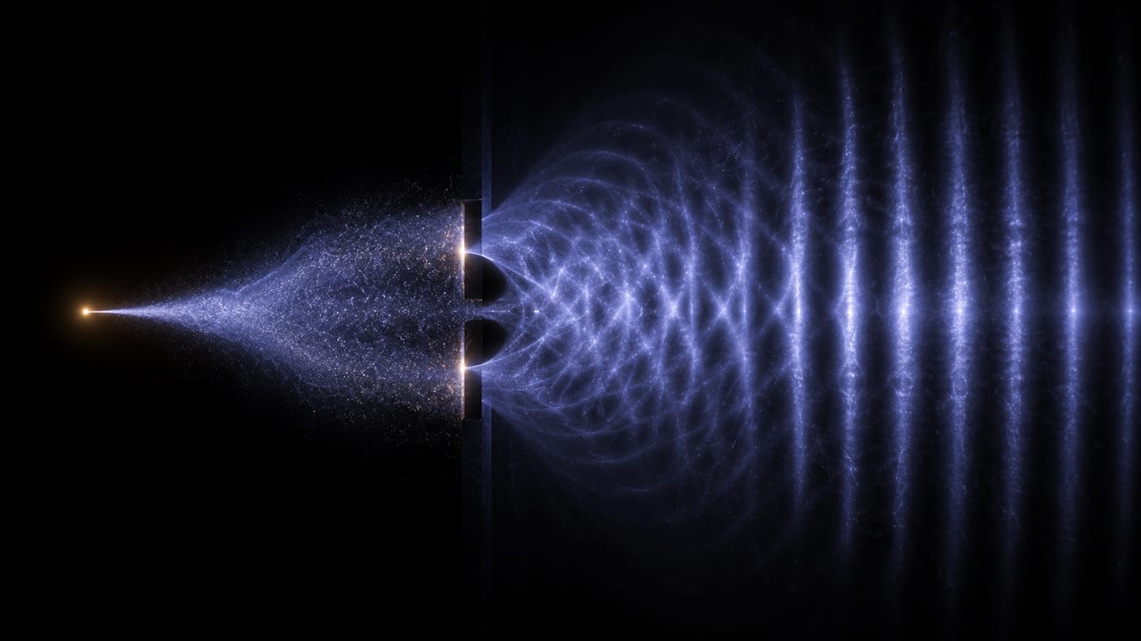 A quantum particle spreading into a wave of probability and blooming into interference fringes of light on black.