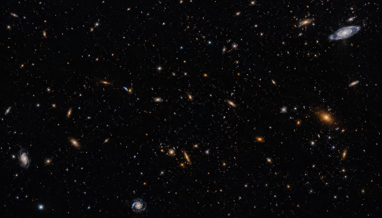 A deep field scattered with galaxies — distant ones reddened, nearer ones blue-white — drifting apart across the dark.