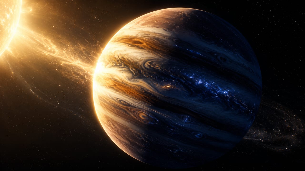 A hot-Jupiter gas giant half-lit by its nearby star, its banded storm clouds glowing.