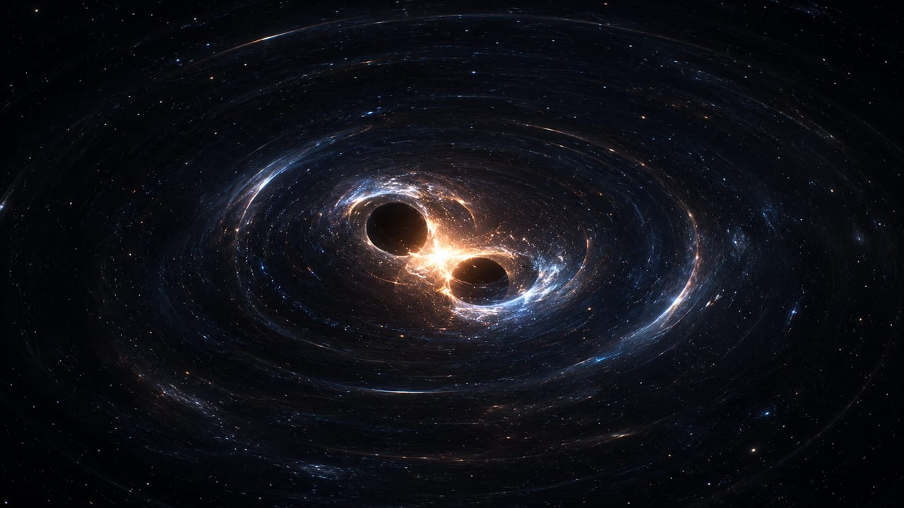 Two black holes spiralling into a merger, bending the surrounding starlight as ripples of spacetime radiate outward.