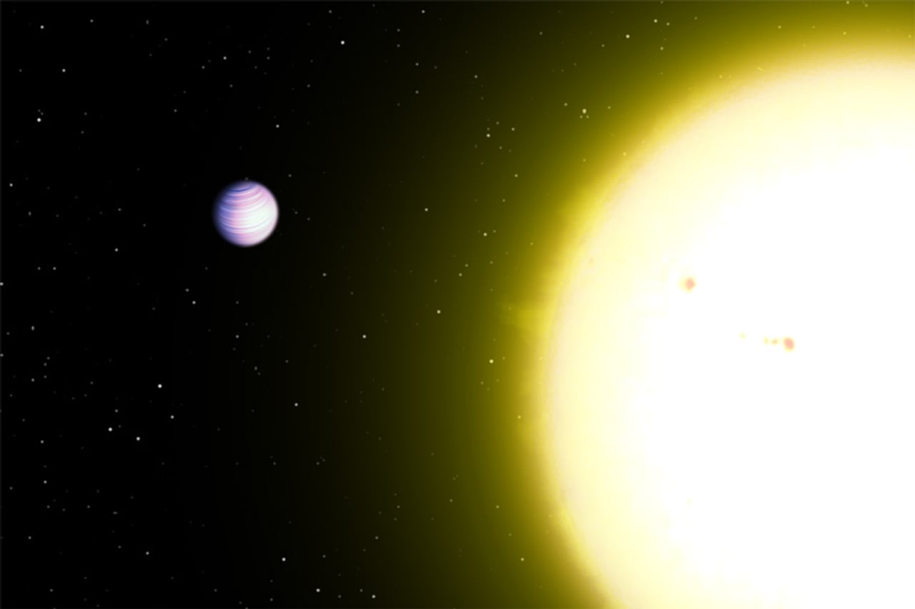 Artist's impression of a hot-Jupiter exoplanet: a banded gas giant glowing from the heat of a nearby star.