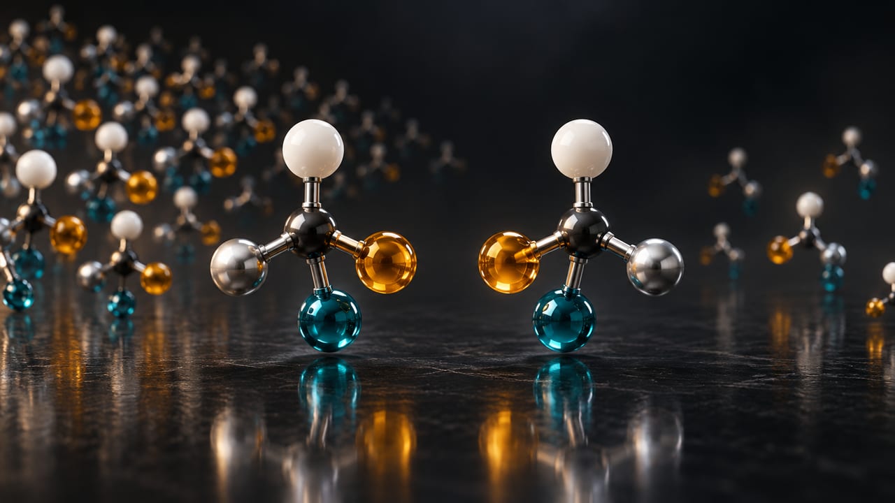 Conceptual molecular models of mirror-related arrangements and an unequal population; not a photograph, a named compound or experimental data.