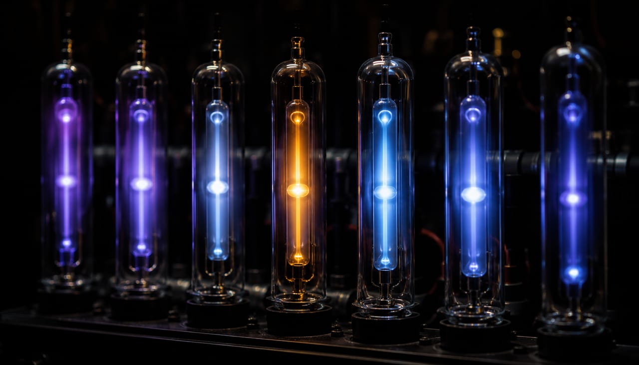 A row of glowing gas-discharge tubes, each holding a different element's light — cool blues and violets beside a single warm amber.