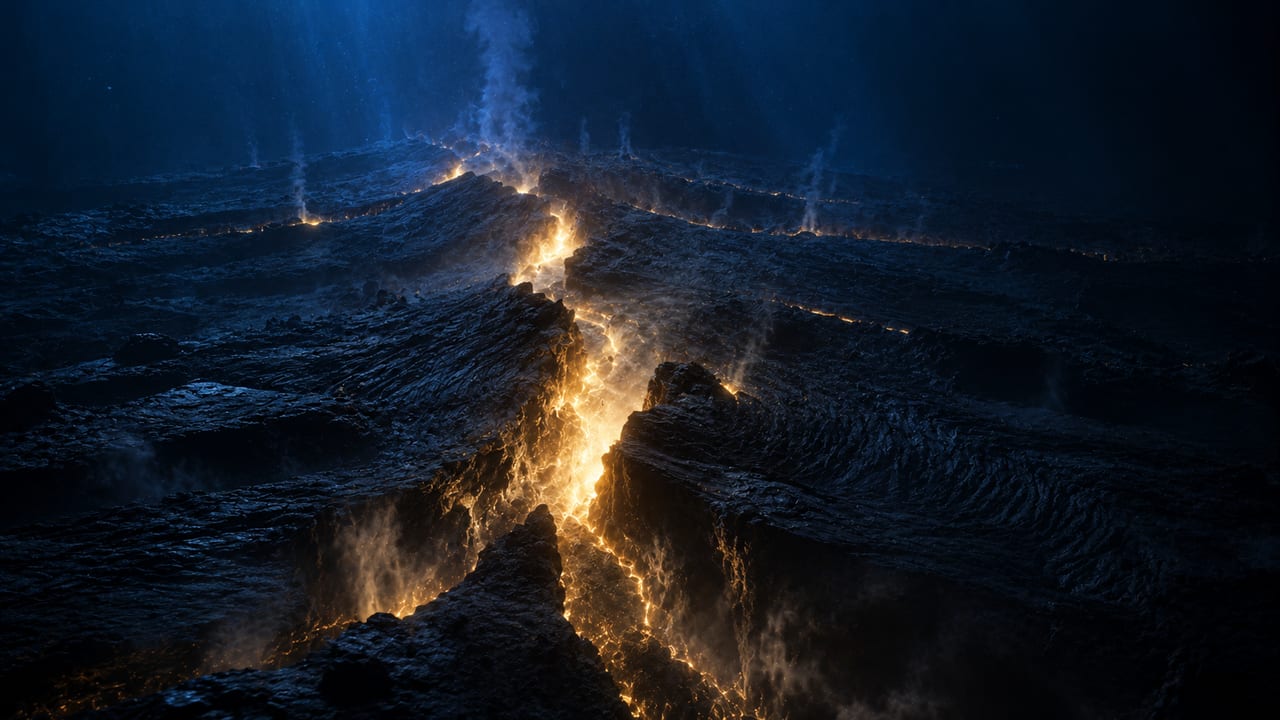 Glowing magma erupting along a mid-ocean ridge as new seafloor spreads outward in the dark abyss.